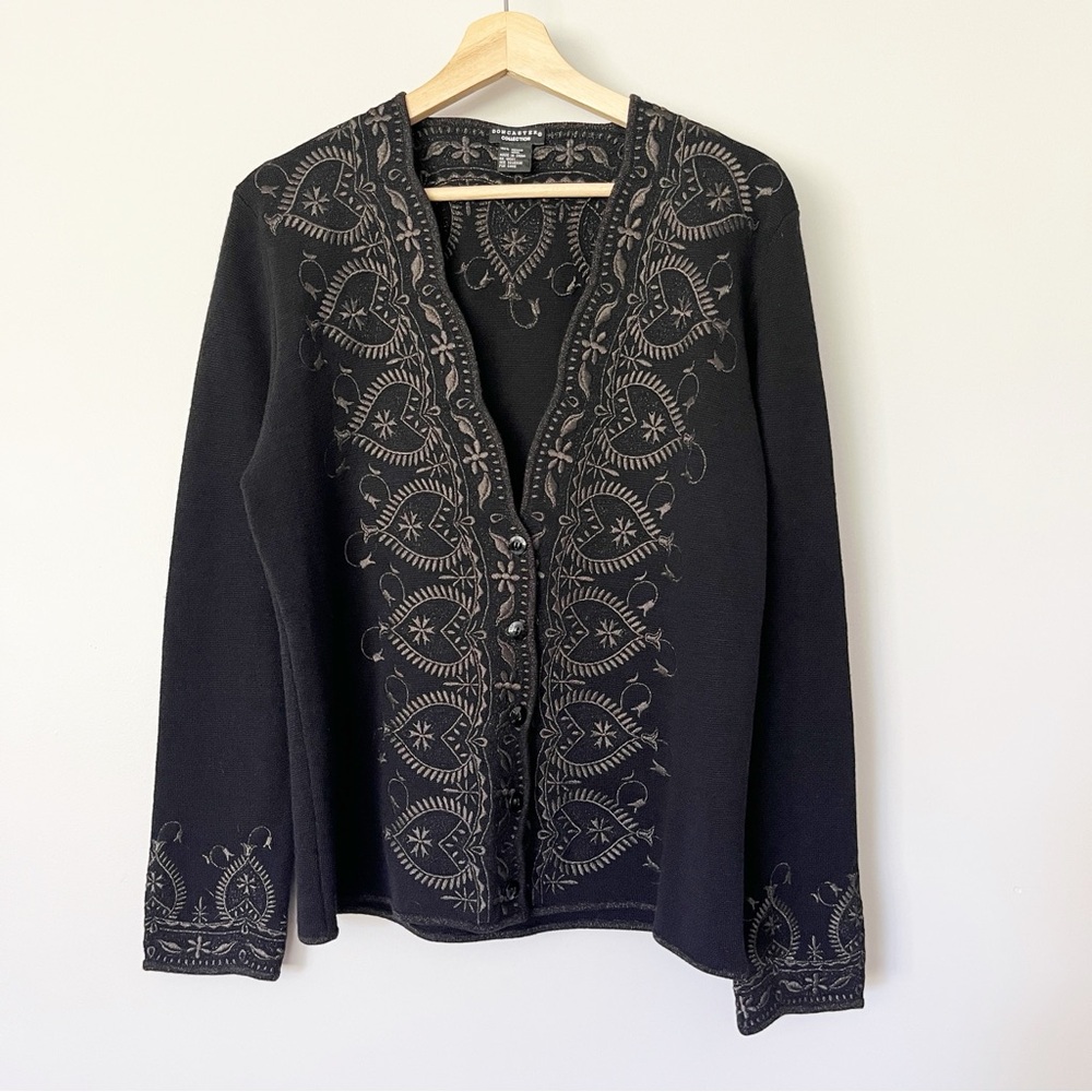 Doncaster Collection Sweater Size Medium Black Brown Embroidered Merino Wool